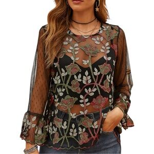 Adiva Black Sheer Embroidered Floral Scallop Hem Boho Blouse Top Small